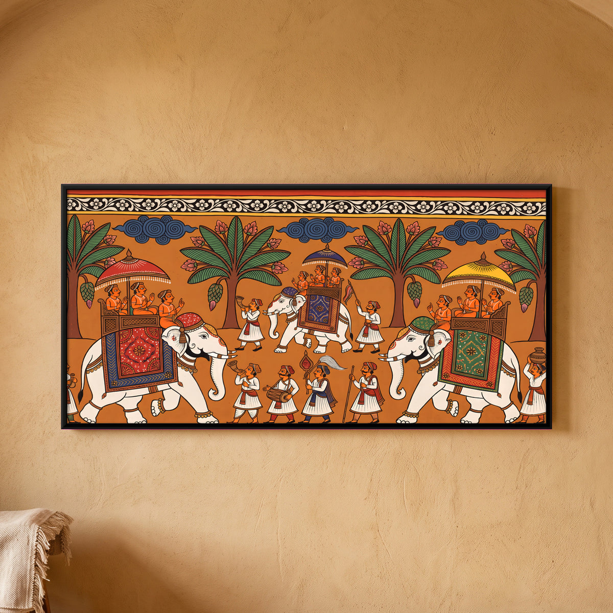 Royal Elephant Procession - framed canvas art hung on a wall