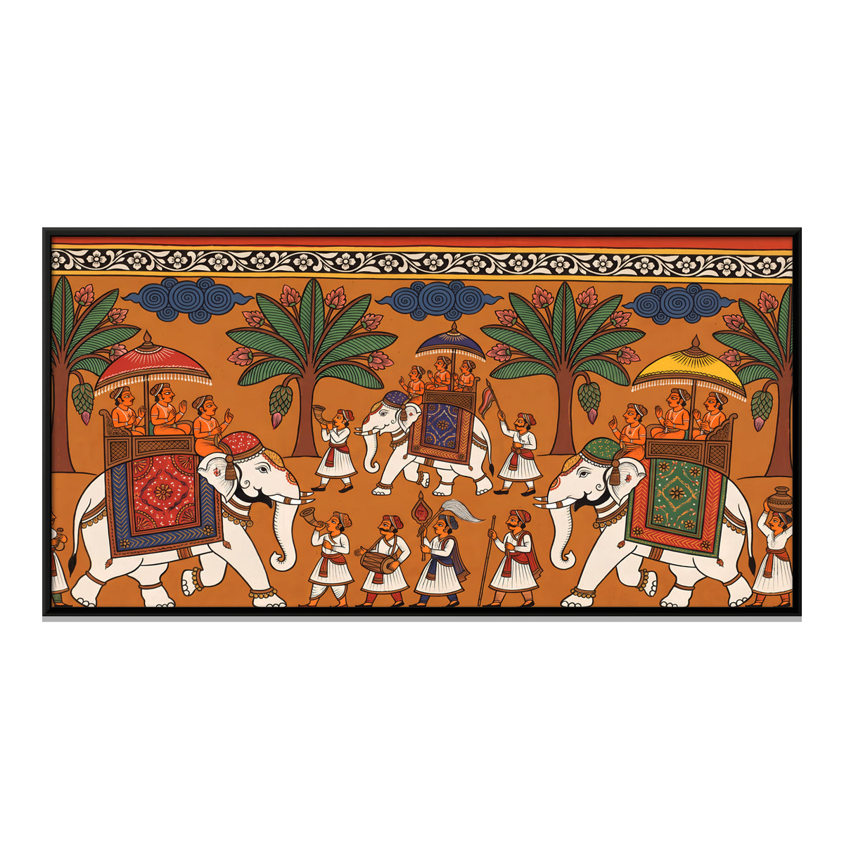 Royal Elephant Procession - framed canvas print, front view