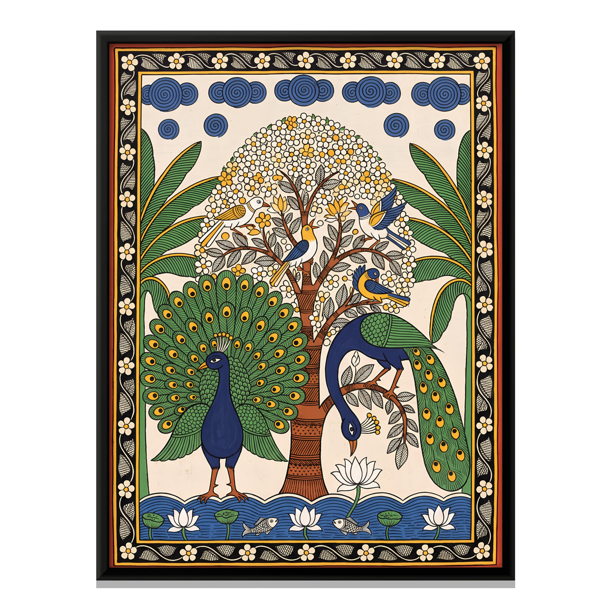 Peacocks by a Flowering Tree - framed canvas print, front view