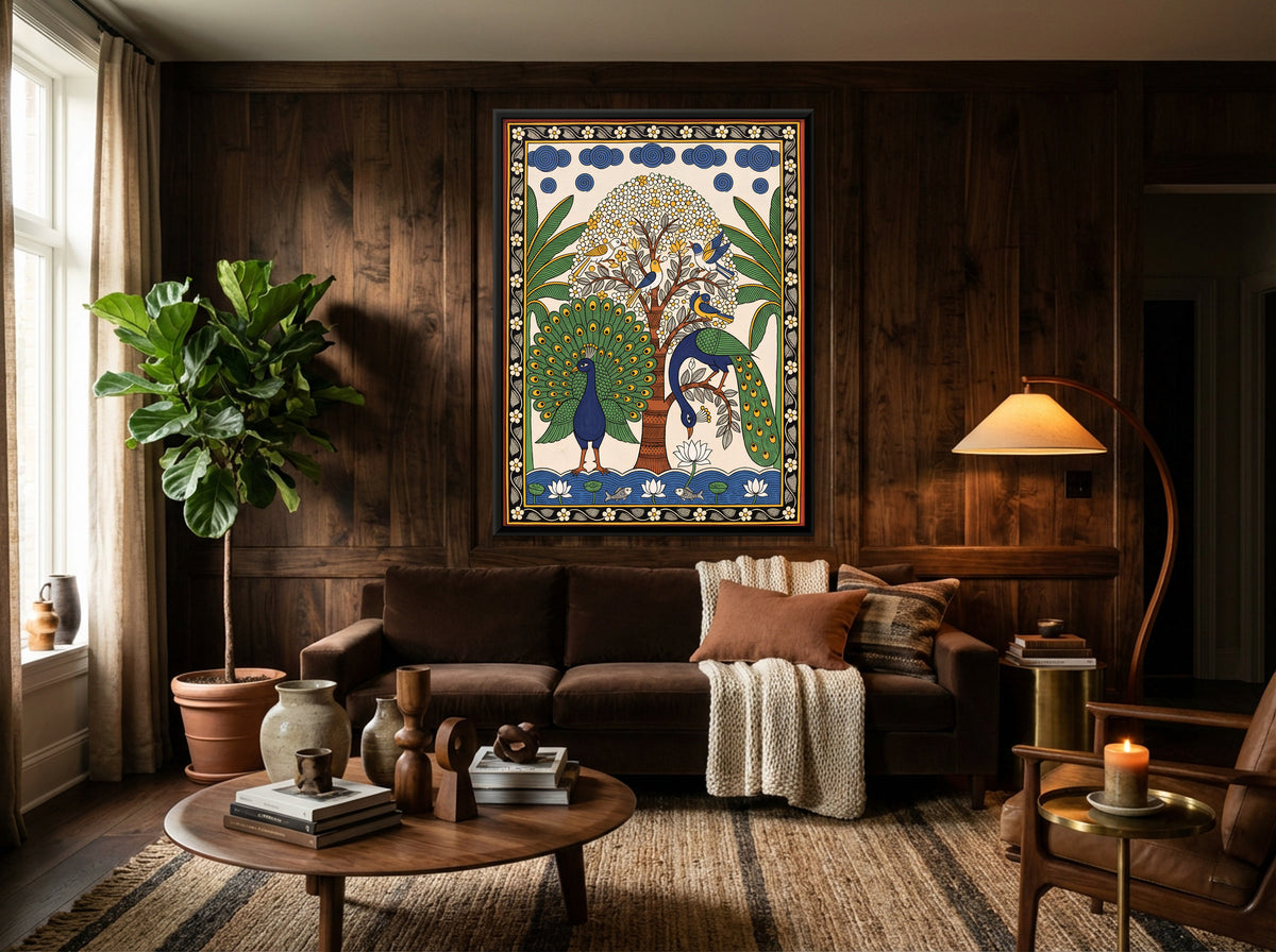 Peacocks by a Flowering Tree - canvas art shown in a styled room
