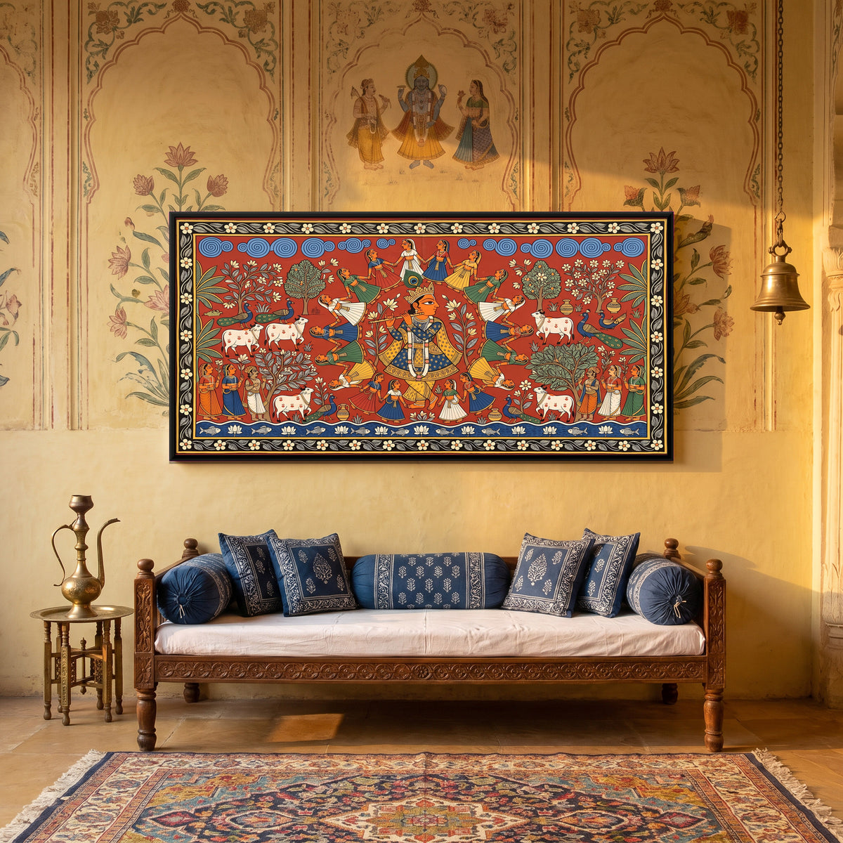 Krishna Raas Leela - canvas art shown in a second room setting