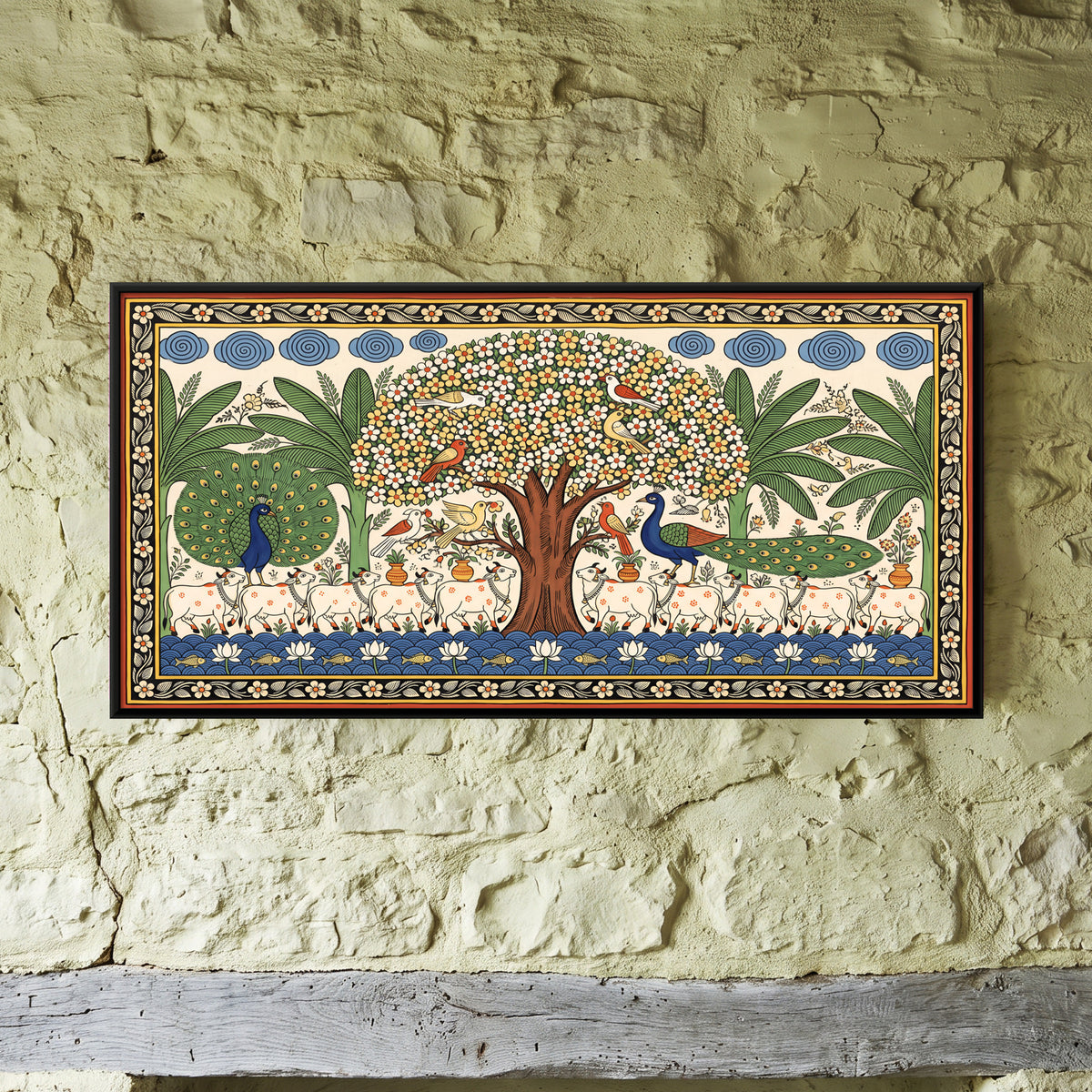 Kalpavriksha with Cows and Peacocks - framed canvas art hung on a wall