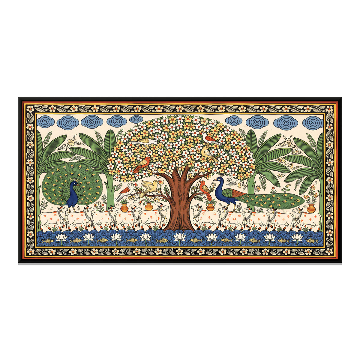 Kalpavriksha with Cows and Peacocks - framed canvas print, front view
