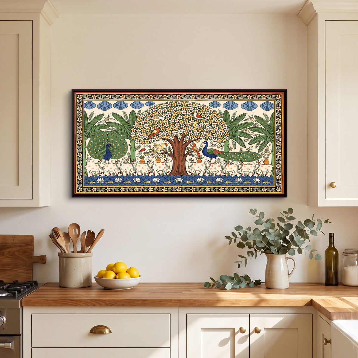 Kalpavriksha with Cows and Peacocks - canvas art shown in a second room setting