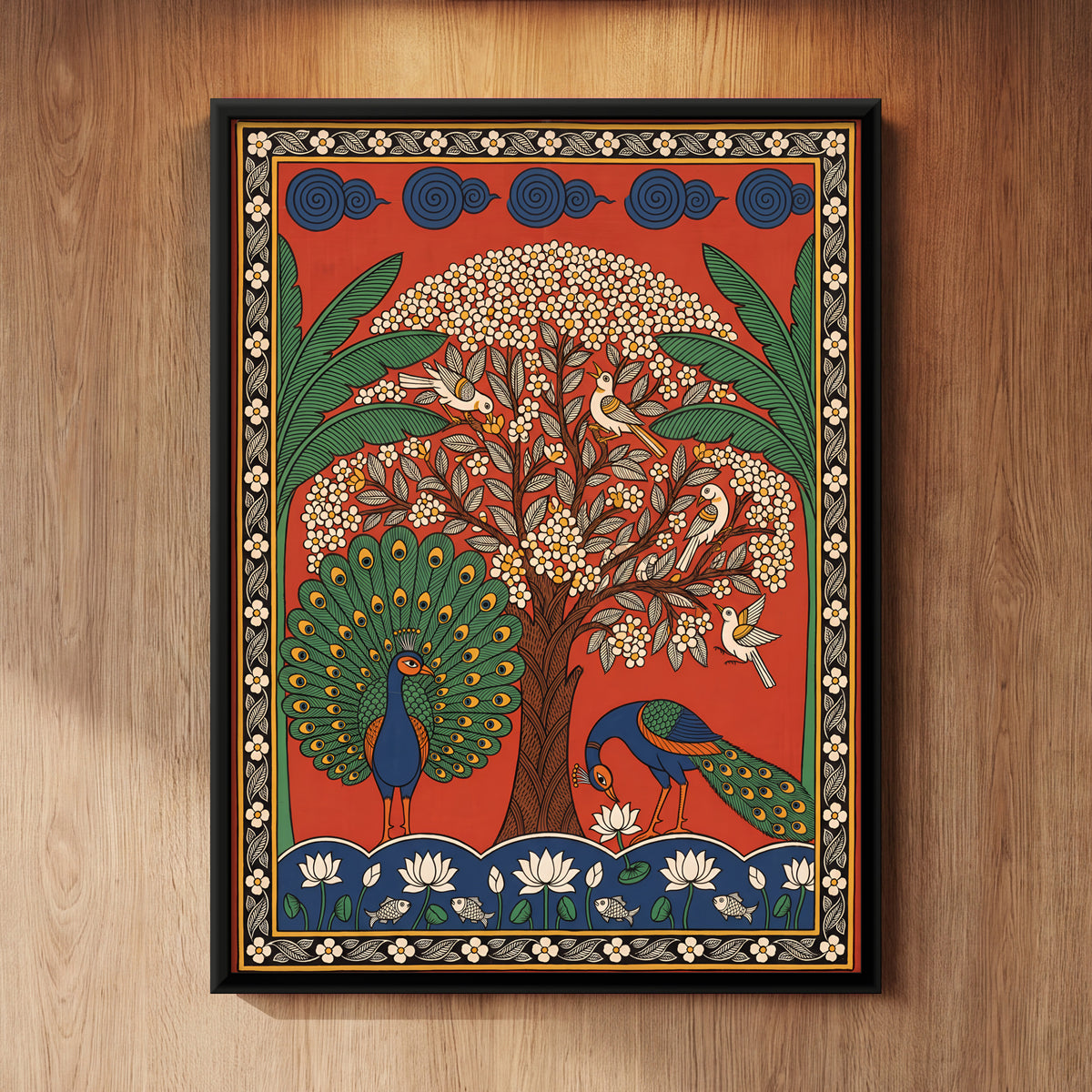 Peacocks Beneath a Flowering Tree - framed canvas art hung on a wall