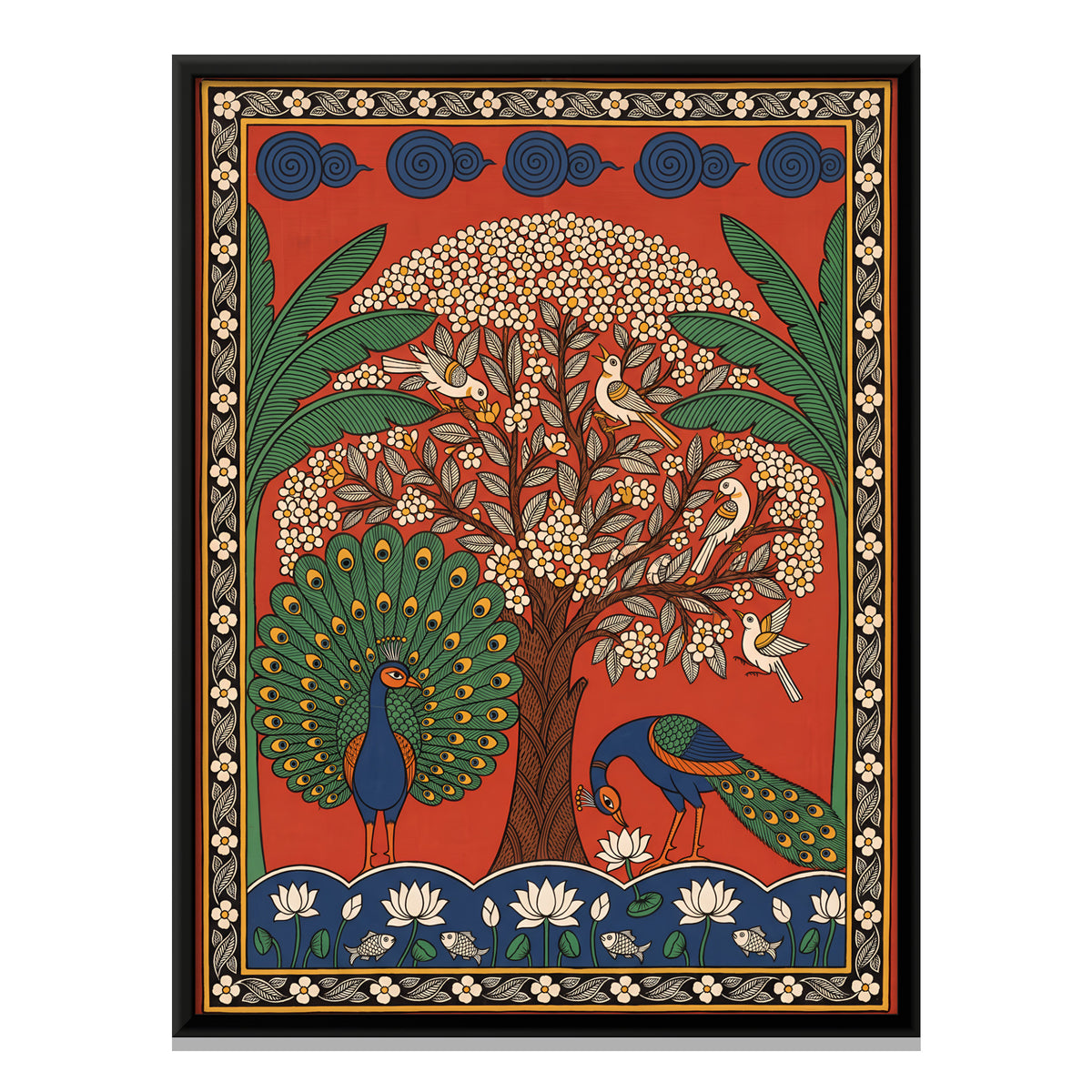 Peacocks Beneath a Flowering Tree - framed canvas print, front view