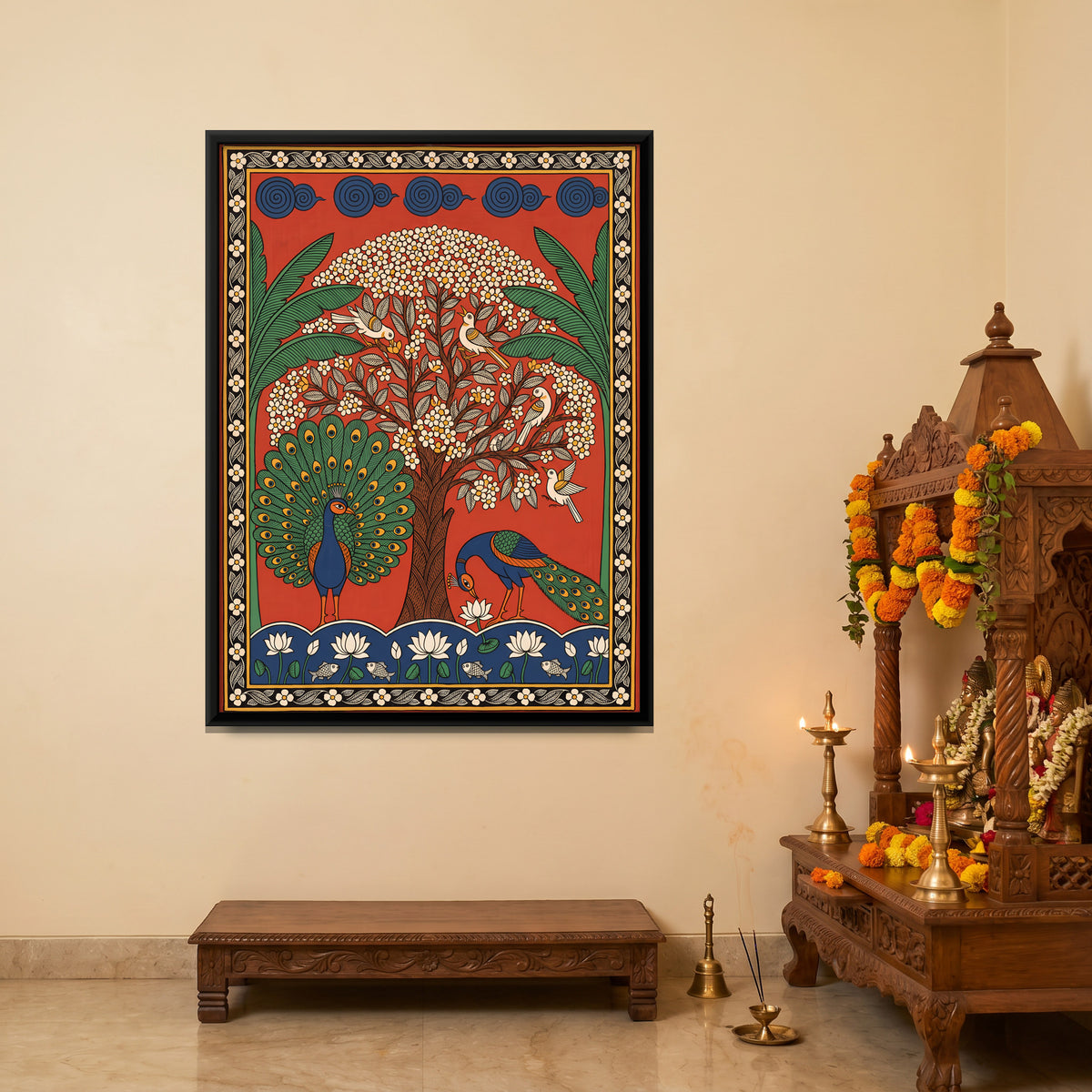 Peacocks Beneath a Flowering Tree - canvas art shown in a styled room