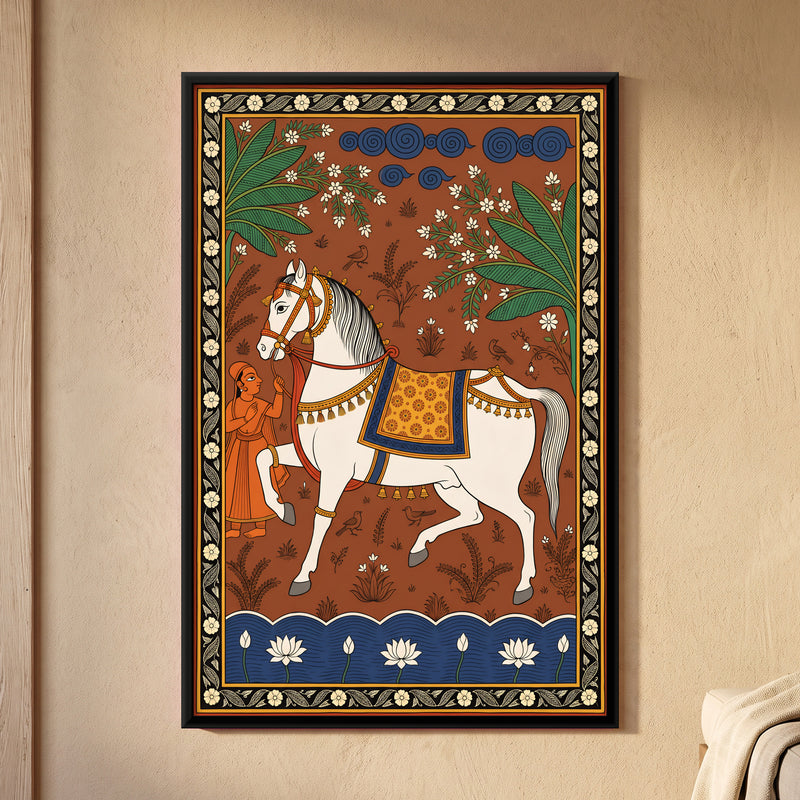 White Horse with Attendant - framed canvas art hung on a wall