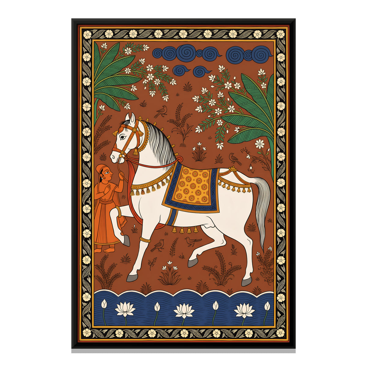 White Horse with Attendant - framed canvas print, front view