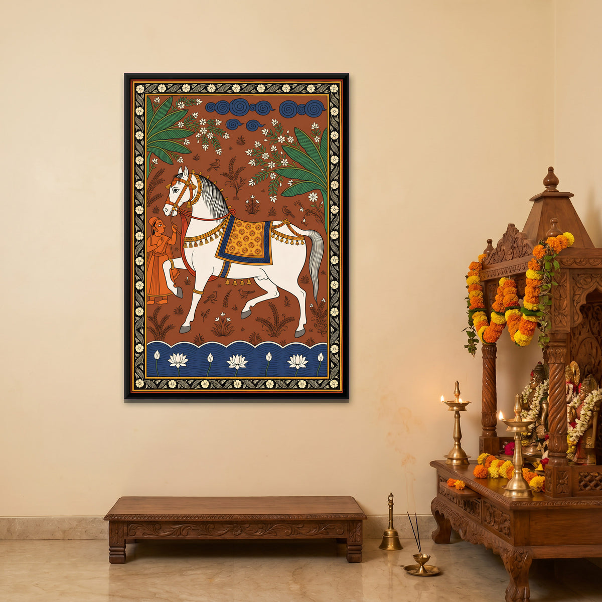 White Horse with Attendant - canvas art shown in a styled room