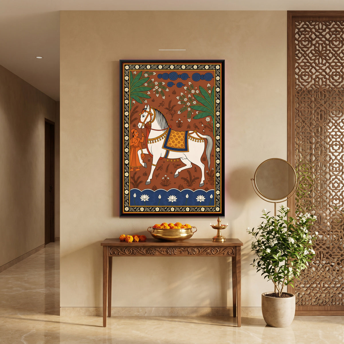 White Horse with Attendant - canvas art shown in a second room setting