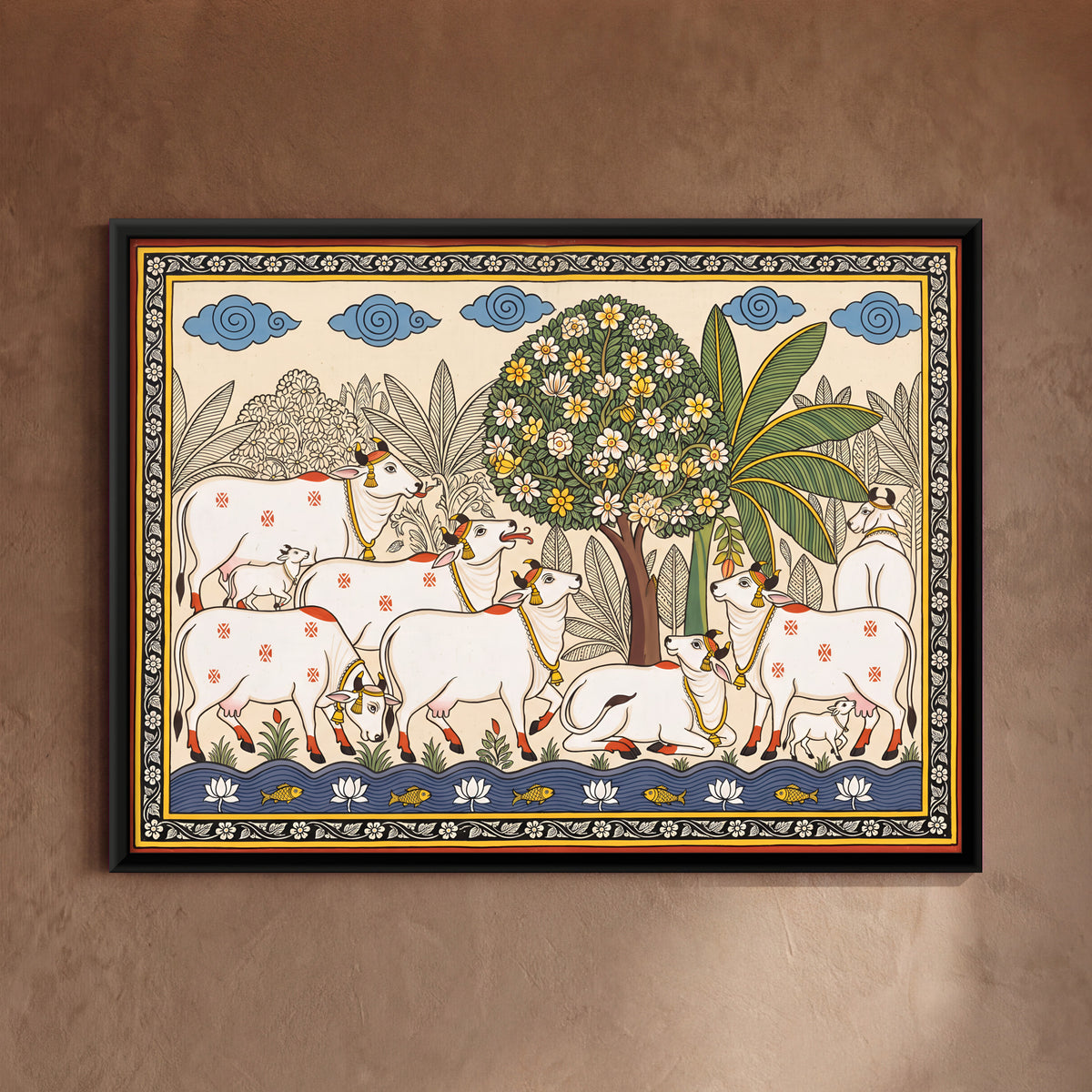 Cows and Calves Beneath a Flowering Tree - framed canvas art hung on a wall