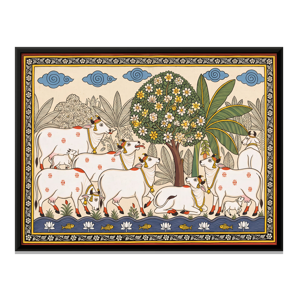 Cows and Calves Beneath a Flowering Tree - framed canvas print, front view