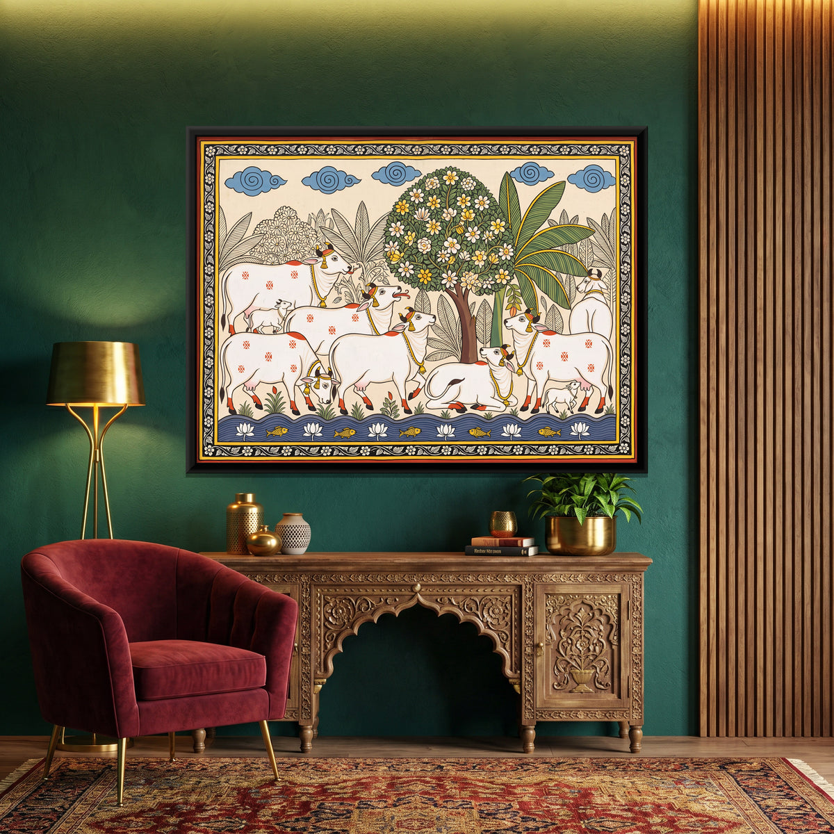 Cows and Calves Beneath a Flowering Tree - canvas art shown in a styled room