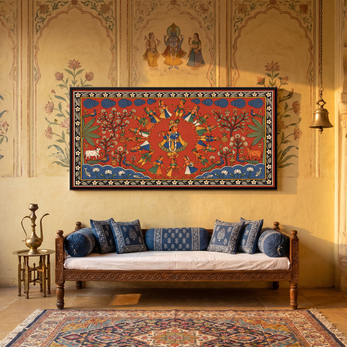 Krishna Raas Leela - canvas art shown in a styled room