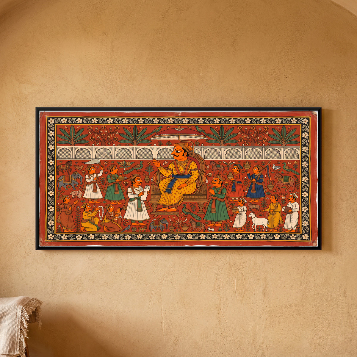 Raja in his Darbar - framed canvas art hung on a wall