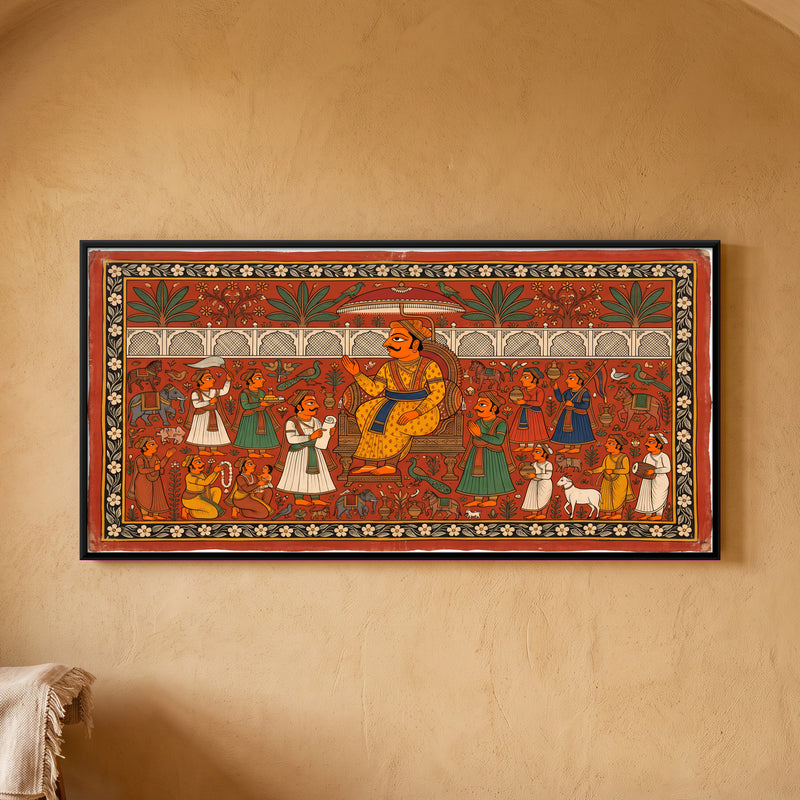 Raja in his Darbar - framed canvas art hung on a wall