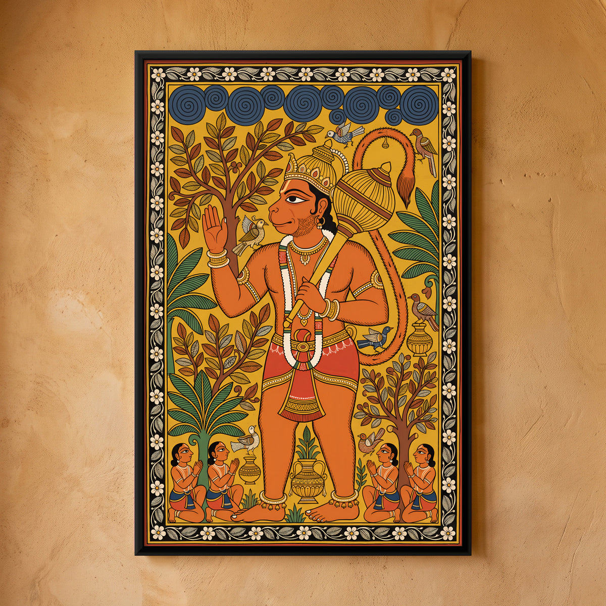 Hanuman Blessing His Devotees - framed canvas art hung on a wall