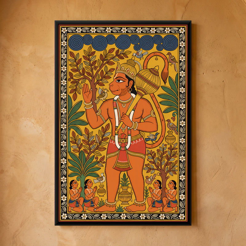 Hanuman Blessing His Devotees - framed canvas art hung on a wall