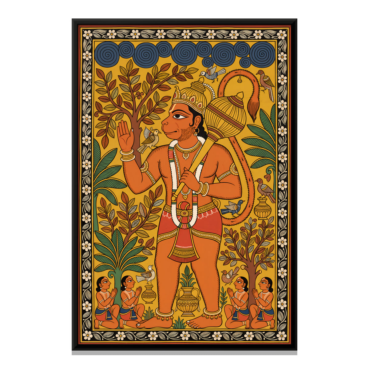 Hanuman Blessing His Devotees - framed canvas print, front view