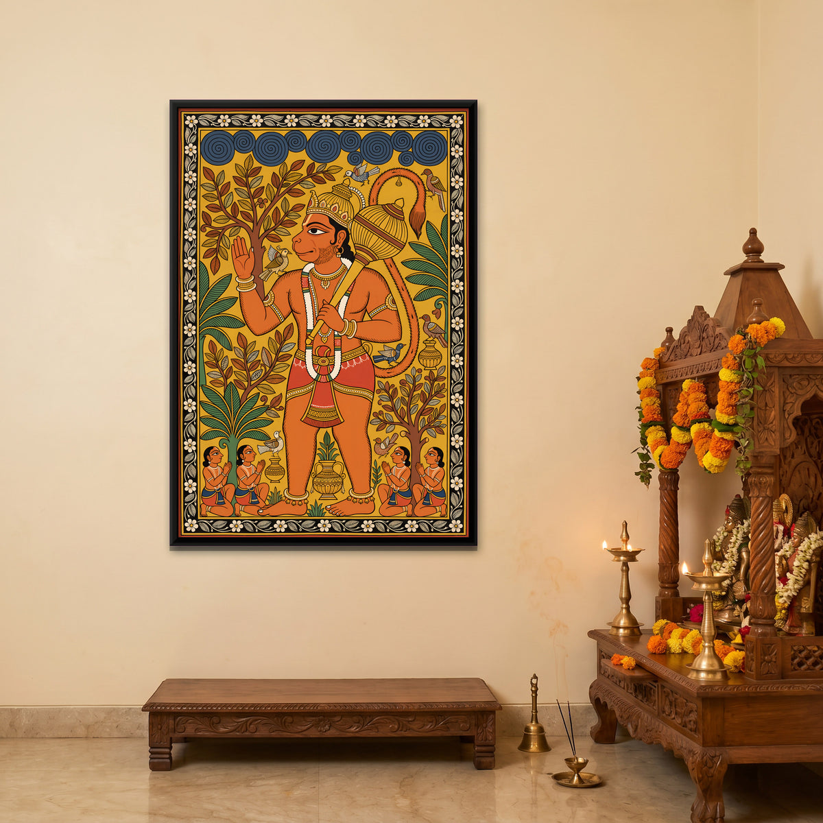 Hanuman Blessing His Devotees - canvas art shown in a second room setting