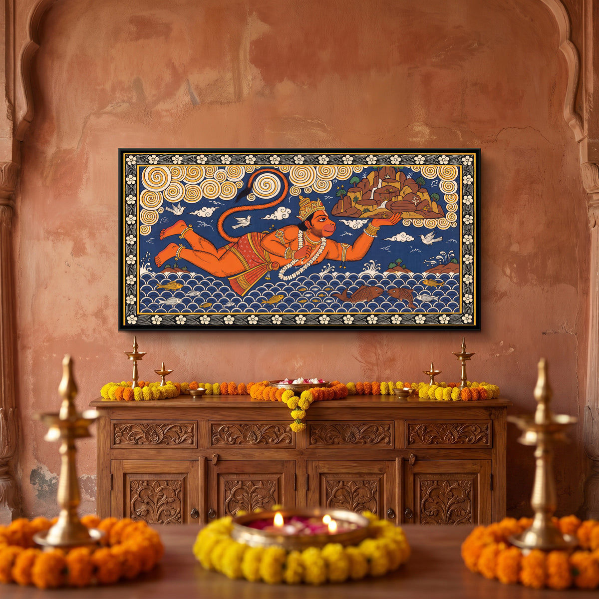 Hanuman Carrying the Sanjeevani Mountain - canvas art shown in a styled room