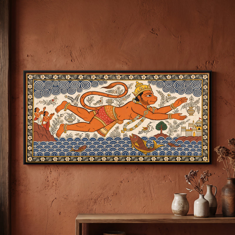 Hanuman's Leap to Lanka - framed canvas art hung on a wall