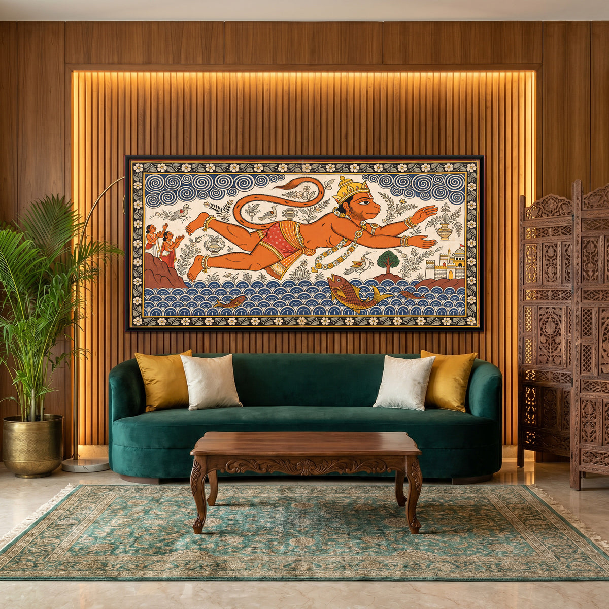 Hanuman's Leap to Lanka - canvas art shown in a styled room