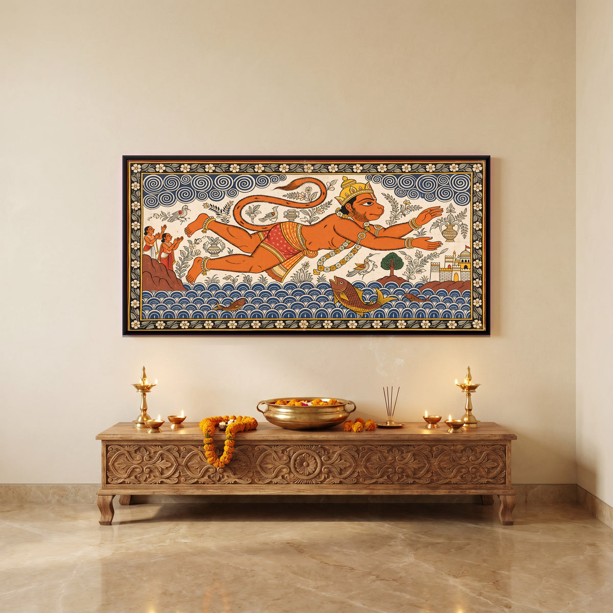 Hanuman's Leap to Lanka - canvas art shown in a second room setting