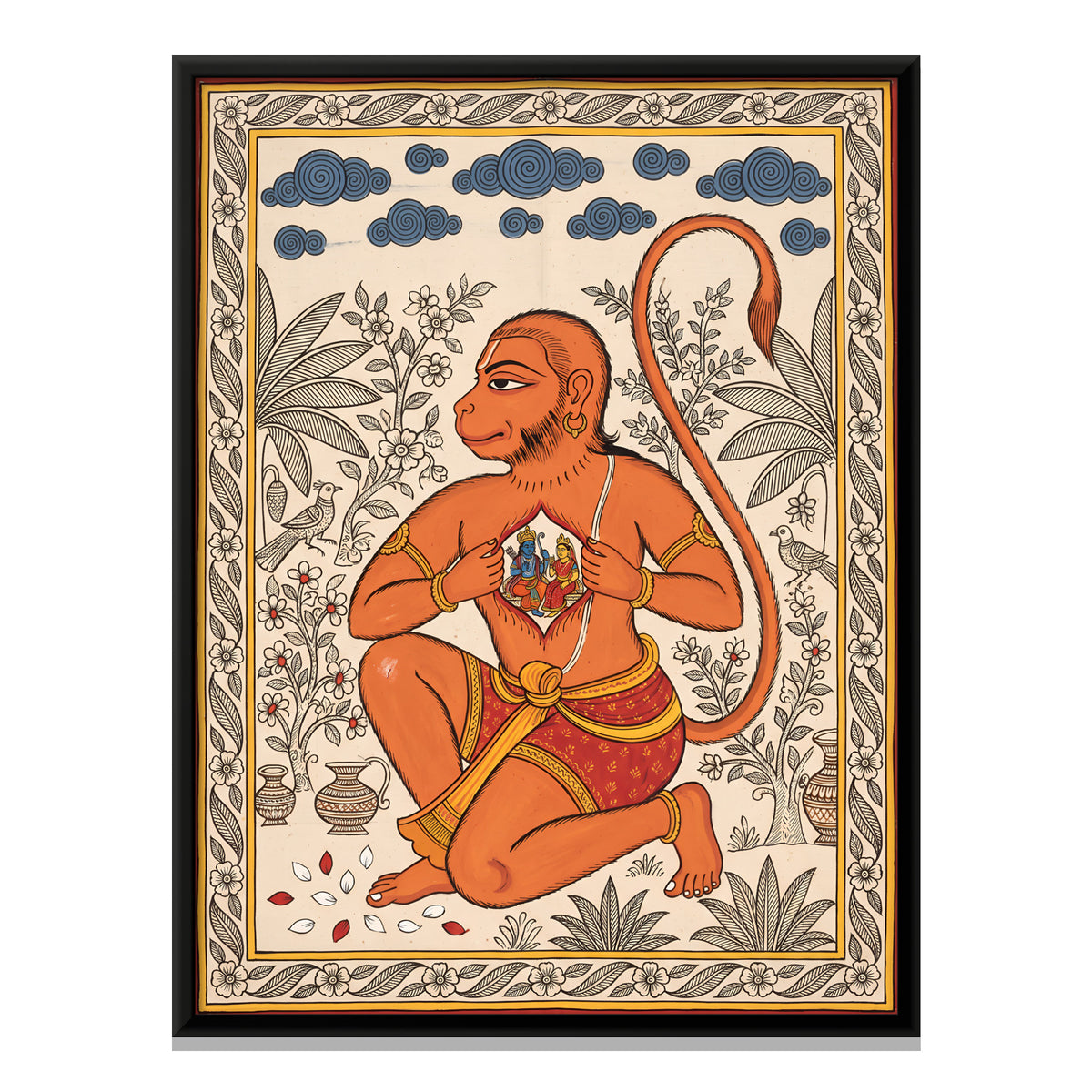 Rama and Sita in Hanuman's Heart - framed canvas print, front view