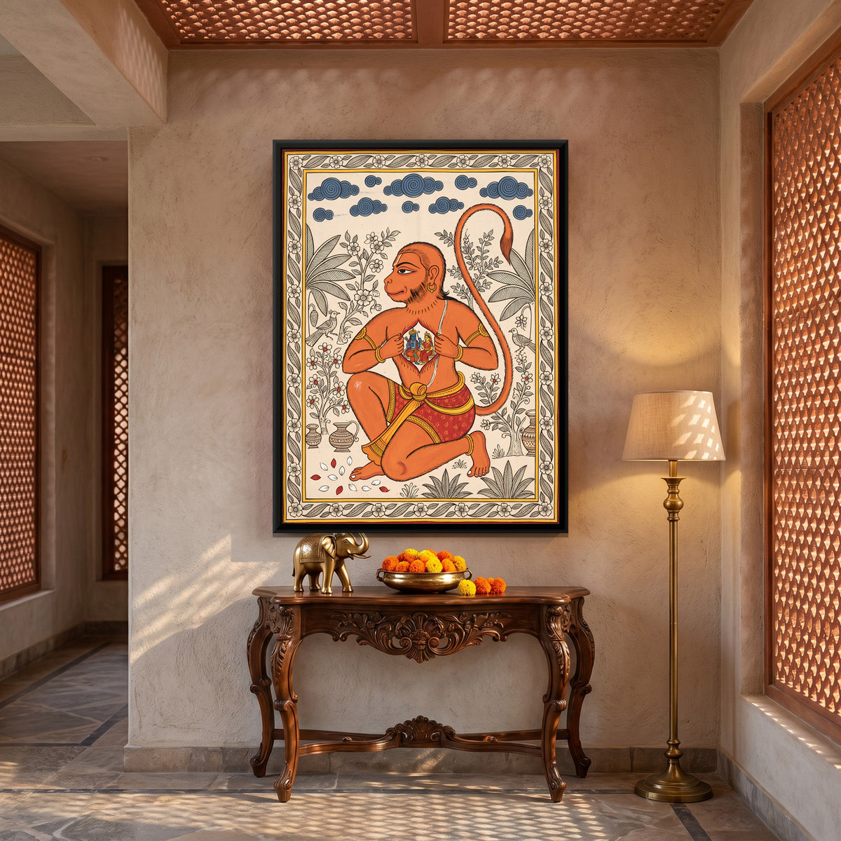 Rama and Sita in Hanuman's Heart - canvas art shown in a styled room