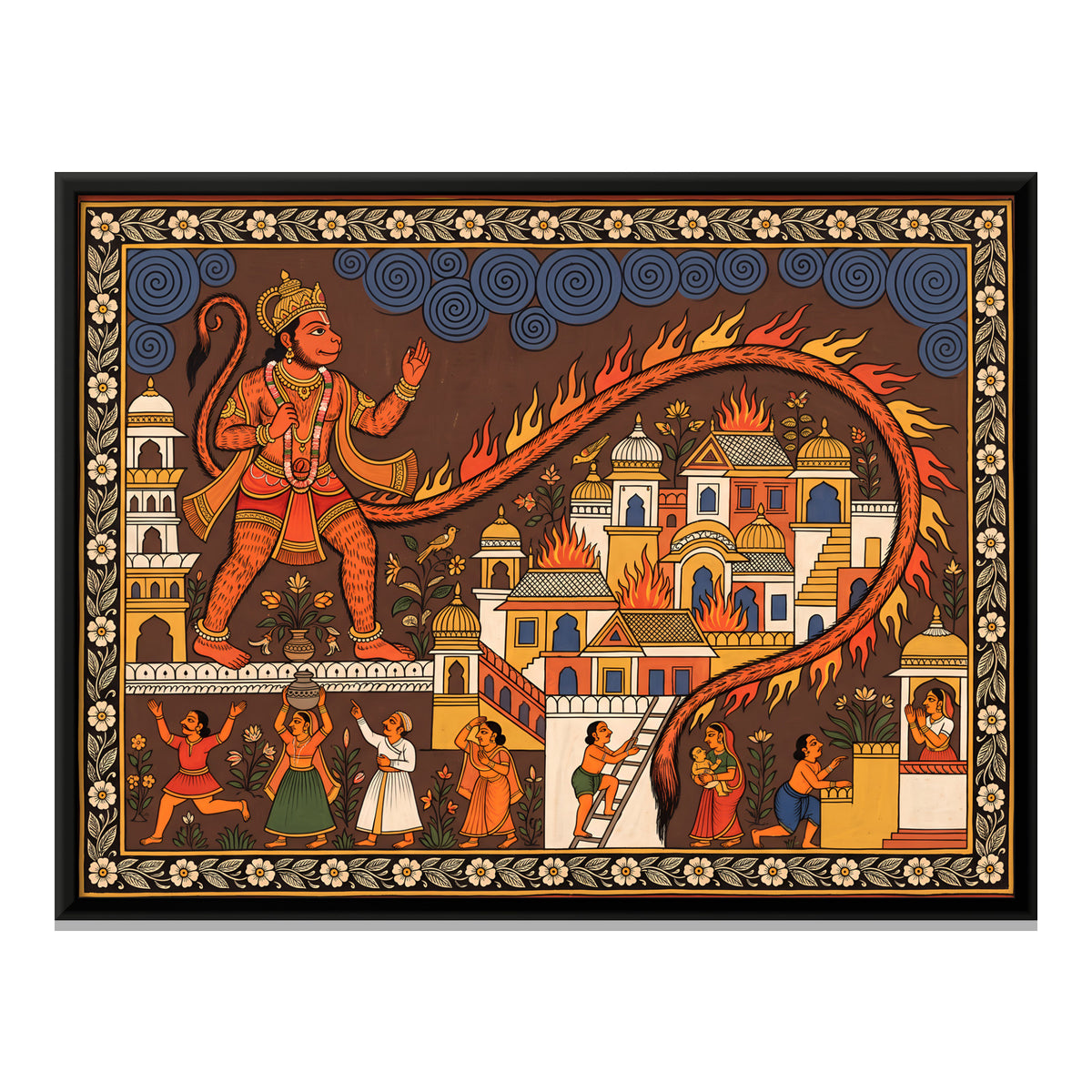 Hanuman Burning Lanka - framed canvas print, front view