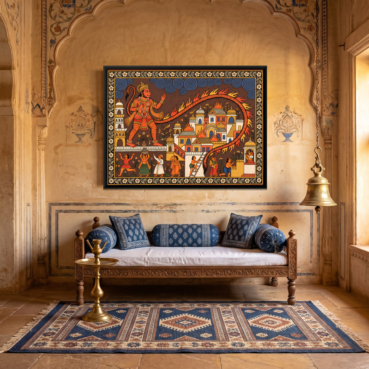 Hanuman Burning Lanka - canvas art shown in a styled room
