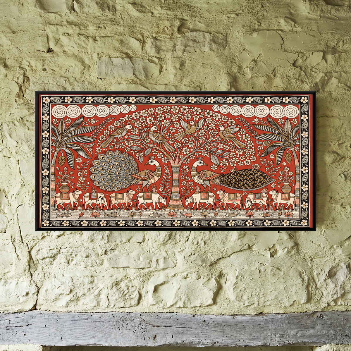 Tree of Life with Peacocks - framed canvas art hung on a wall