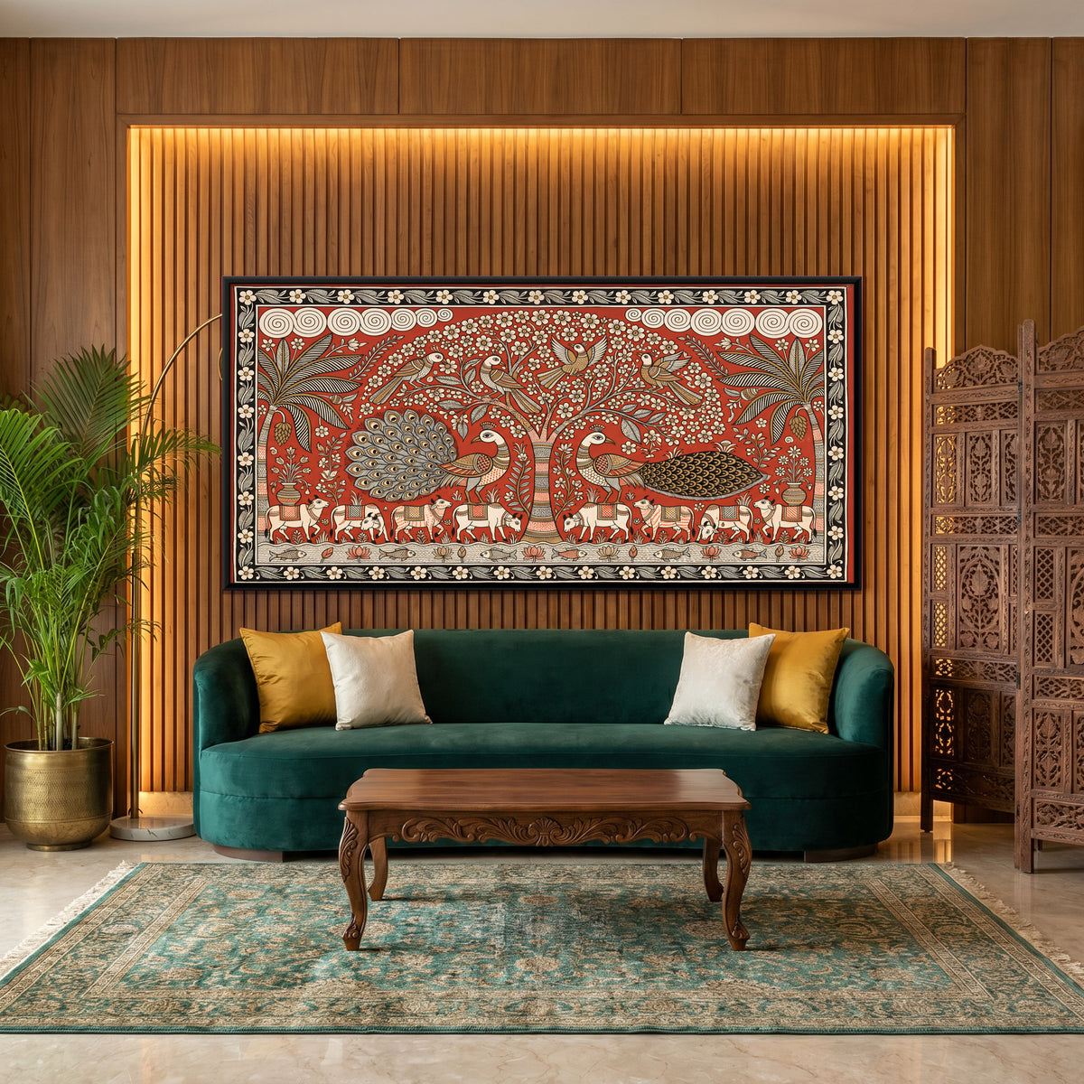 Tree of Life with Peacocks - canvas art shown in a styled room