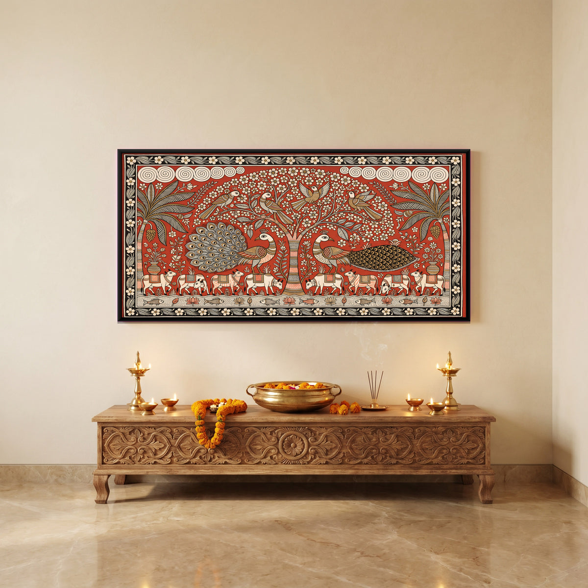Tree of Life with Peacocks - canvas art shown in a second room setting