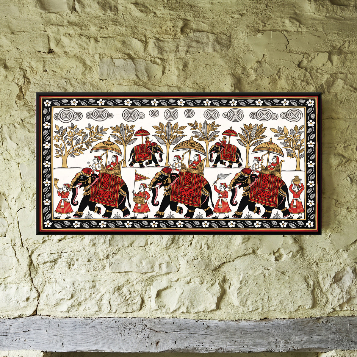 Royal Elephant Procession - framed canvas art hung on a wall