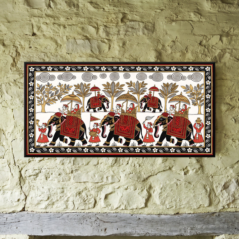 Royal Elephant Procession - framed canvas art hung on a wall