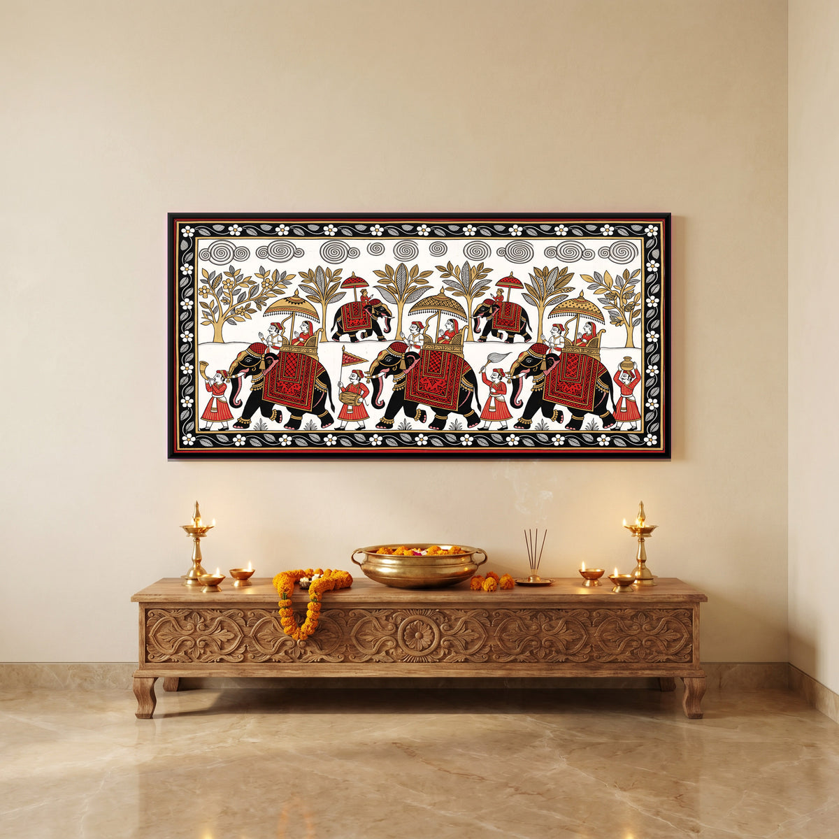 Royal Elephant Procession - canvas art shown in a styled room