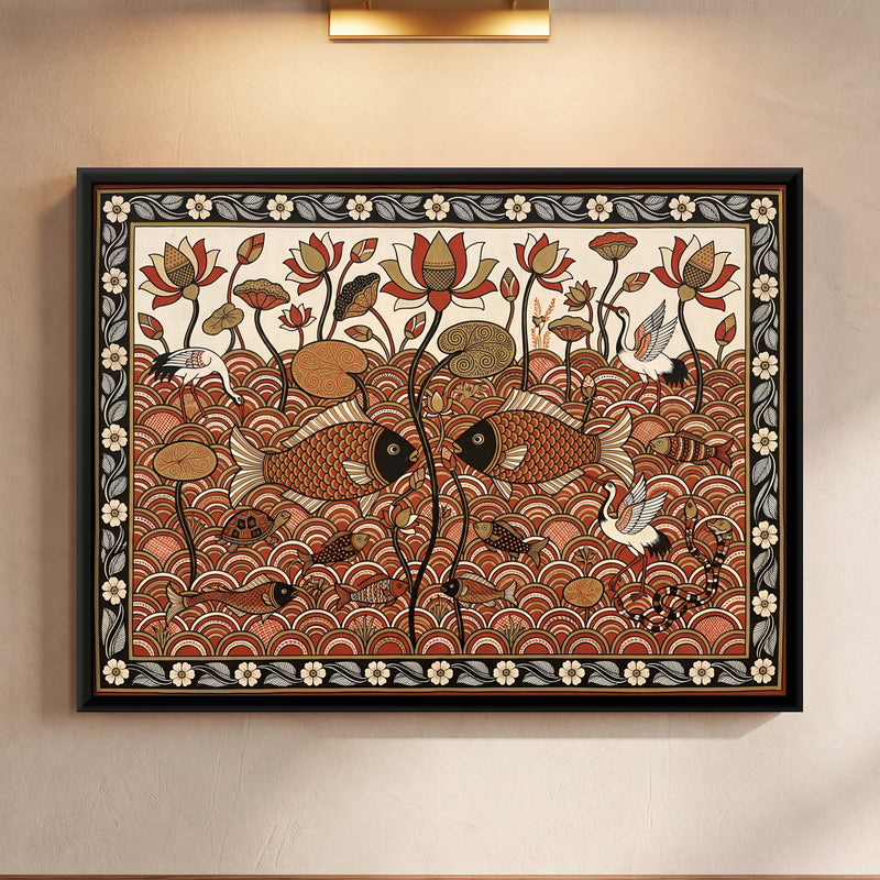 Lotus Pond with Fish - framed canvas art hung on a wall