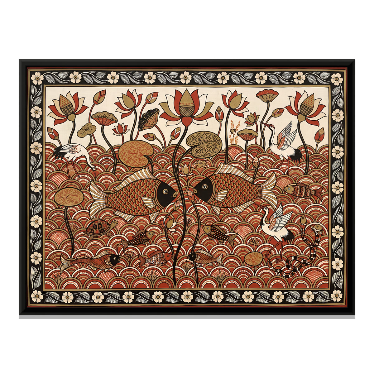 Lotus Pond with Fish - framed canvas print, front view