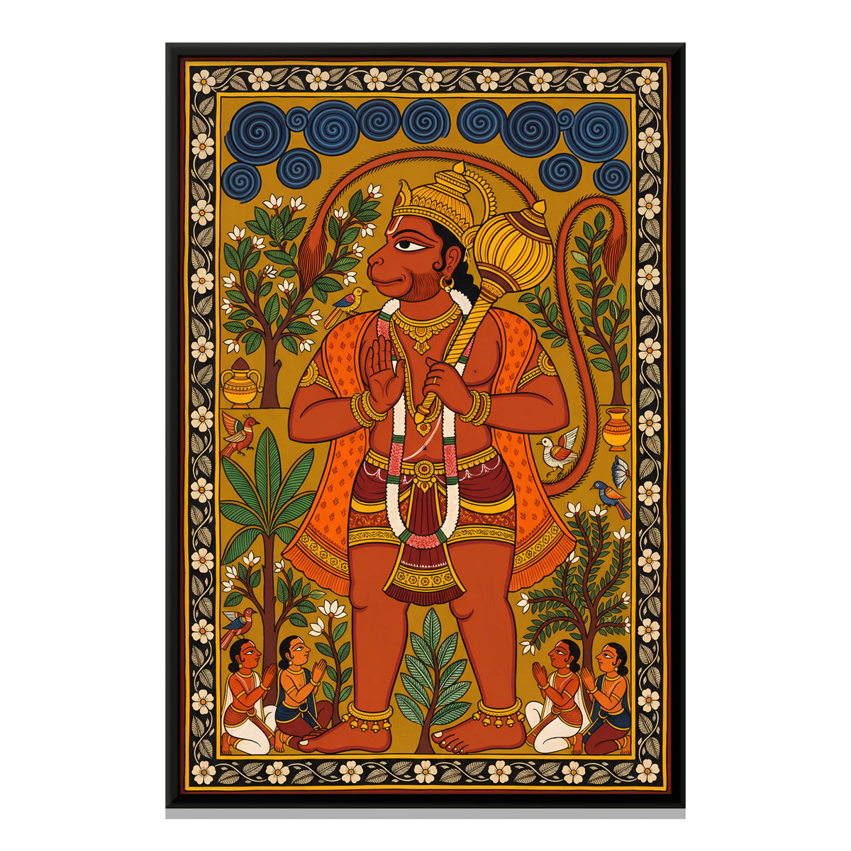 Standing Hanuman with Devotees - framed canvas print, front view