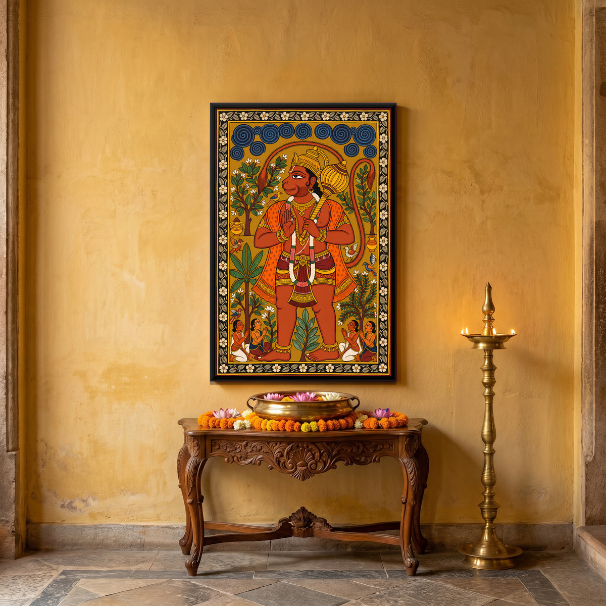 Standing Hanuman with Devotees - canvas art shown in a styled room