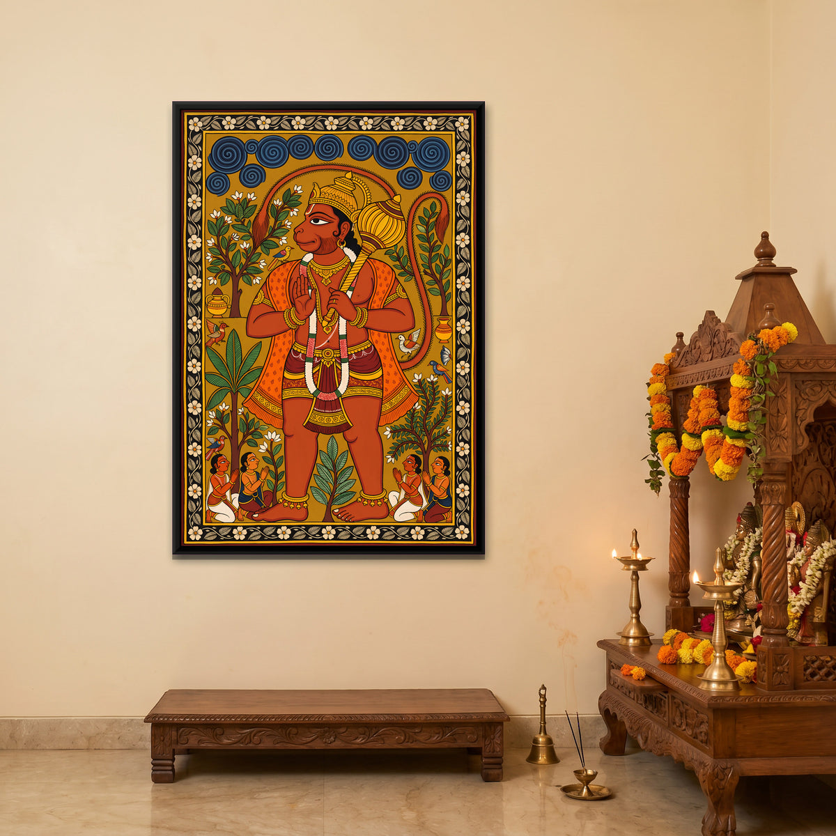 Standing Hanuman with Devotees - canvas art shown in a second room setting