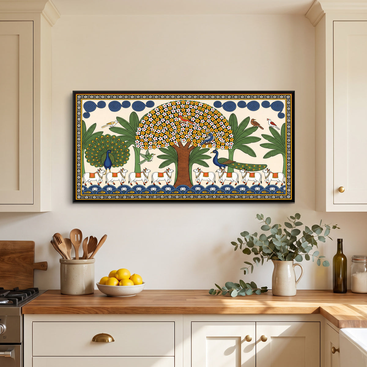 Kalpavriksha with Cows and Peacocks - canvas art shown in a styled room