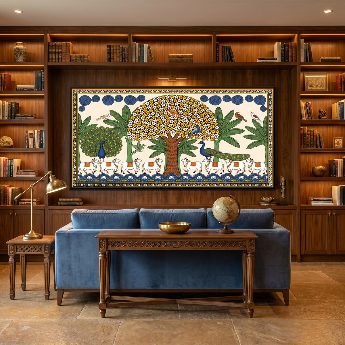 Kalpavriksha with Cows and Peacocks - canvas art shown in a second room setting
