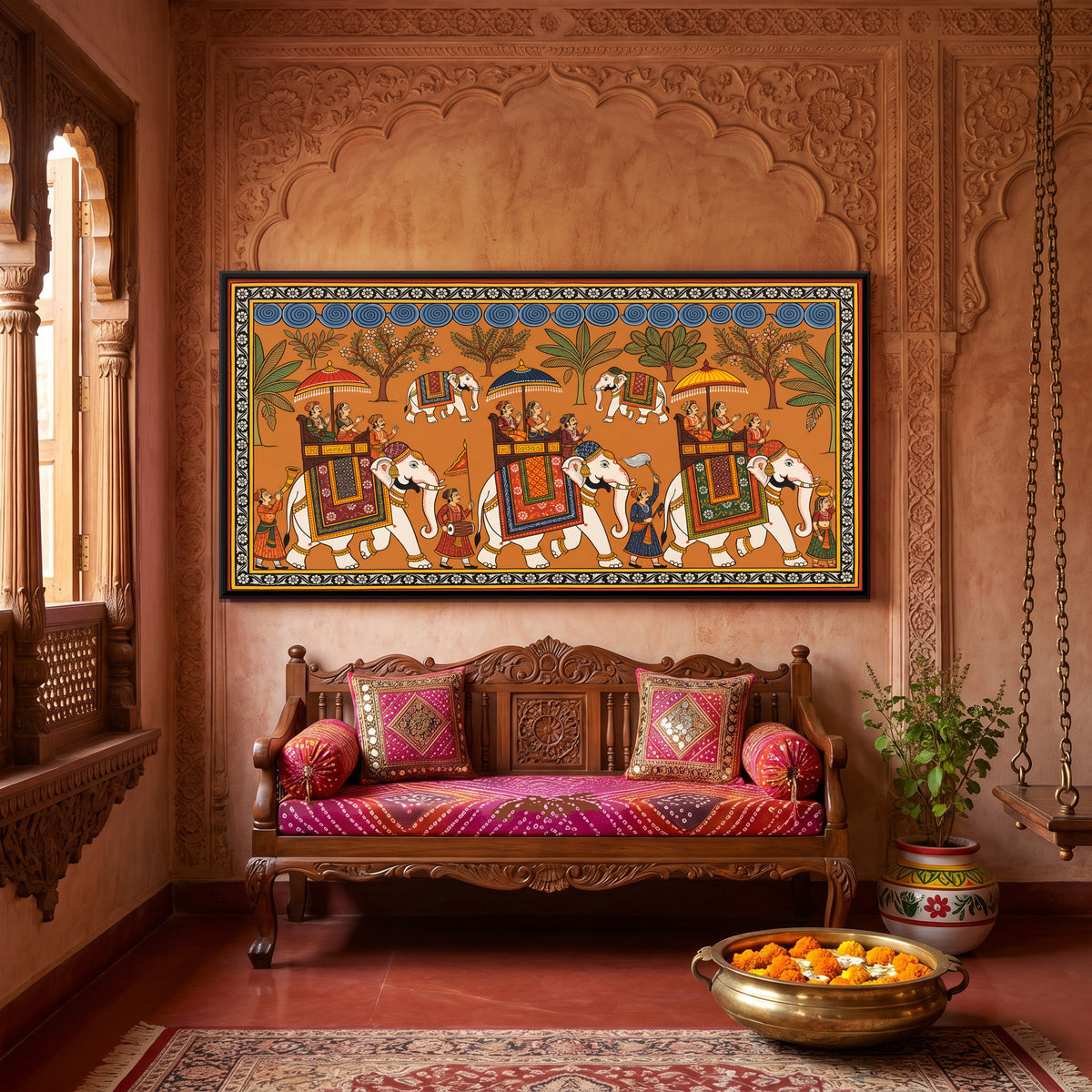 Royal Elephant Procession - canvas art shown in a styled room