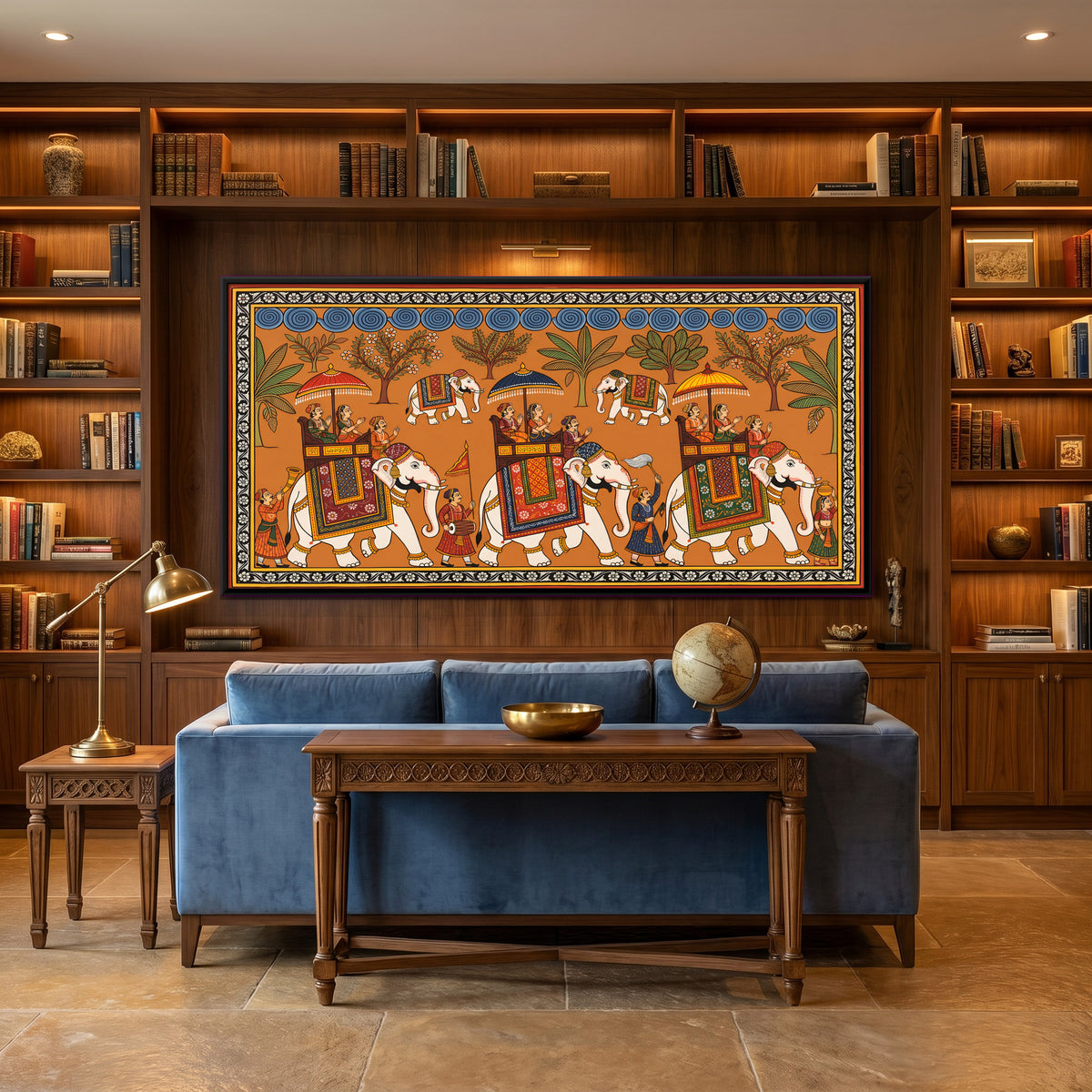 Royal Elephant Procession - canvas art shown in a second room setting