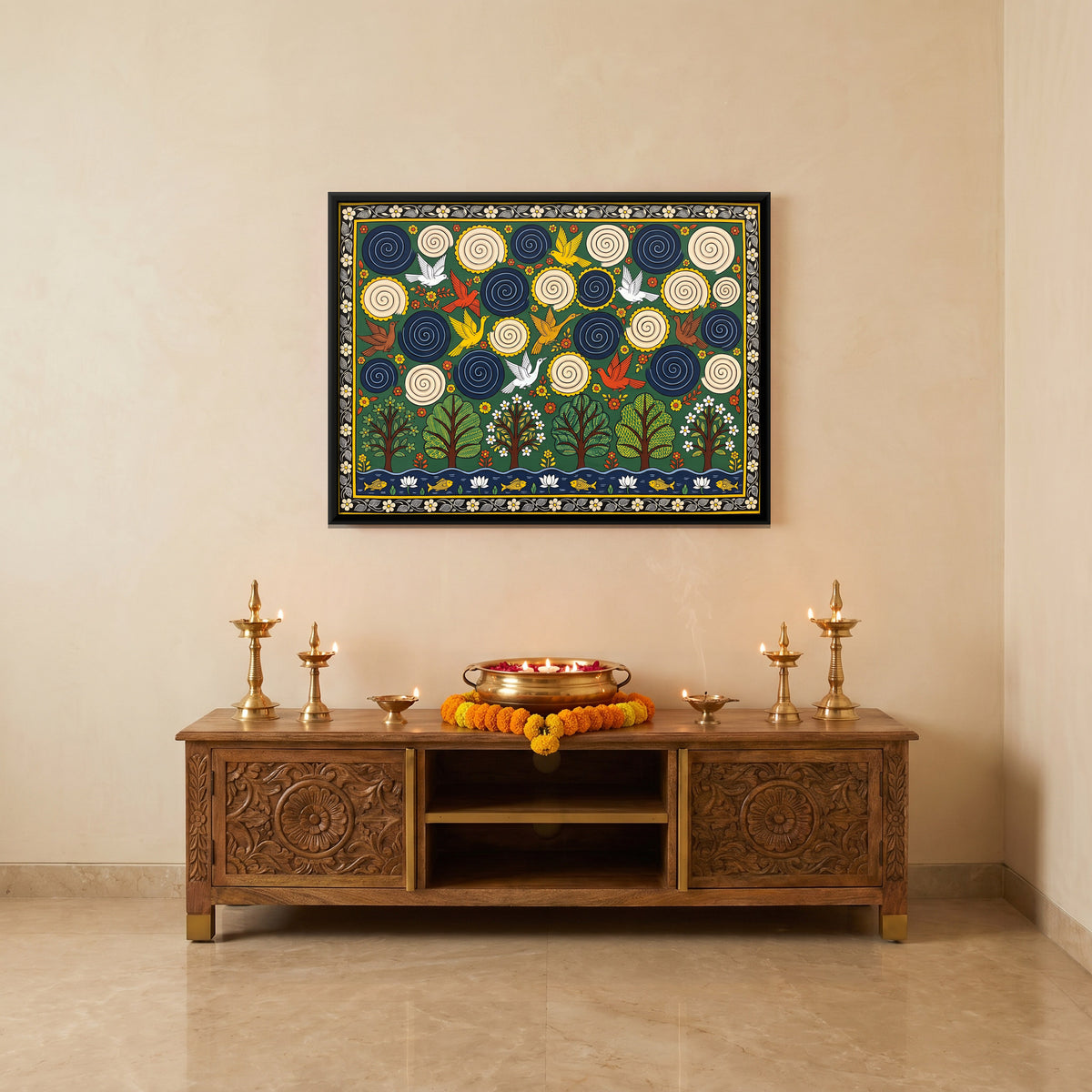 Monsoon Clouds with Birds - canvas art shown in a second room setting