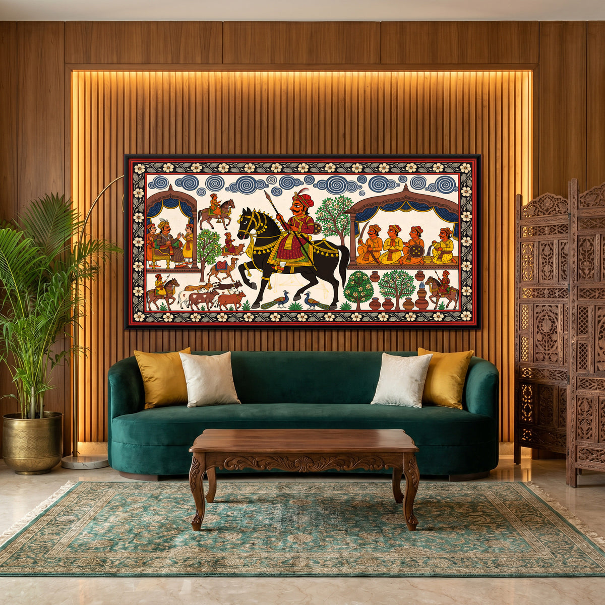 Pabuji Darbar - canvas art shown in a second room setting